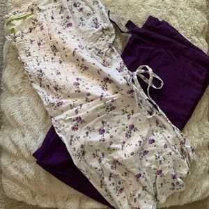 Cream and Purple Floral Scrub Top Size S